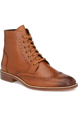 Delize Men Brown Perforations Lightweight Leather High Top Flat Boots