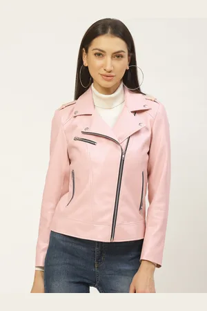 Leather Retail Women Pink Solid Lightweight Biker Jacket