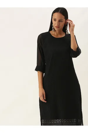 SWAGG INDIA Women Black Embroidered Chikankari Georgette Kurta