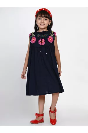 Bhama Girls Navy Blue Solid Fit and Flare Dress