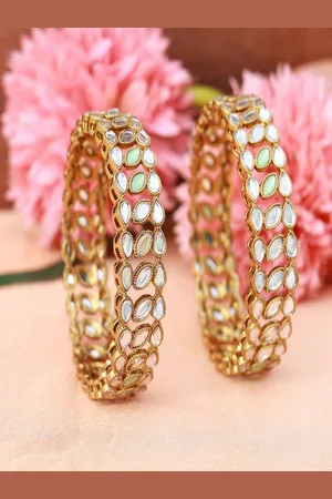 I Jewels Women Set of 2 Gold-Plated & Mint Green Stone Studded Bangles