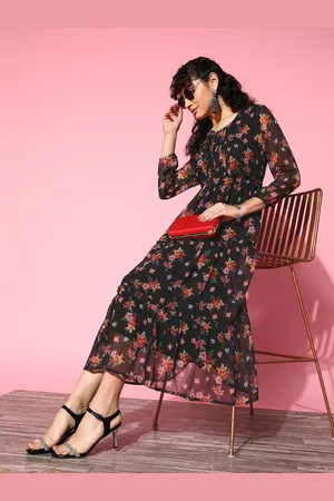 RAJGRANTH Black & Red Floral A-Line Midi Dress