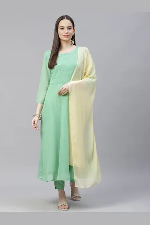 Jompers Women Green & Yellow Embroidered Regular Sequinned Kurta with Trousers & Dupatta