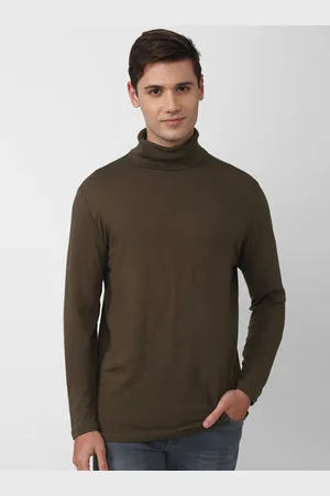 Forever 21 Men Brown Cotton High Neck T-shirt