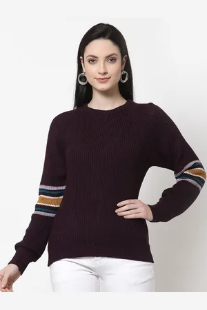 Club York Women Purple & Mustard Ribbed Acrylic Pullover