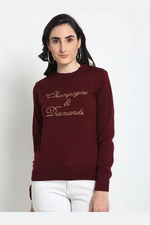 Club York Women Maroon & Yellow Typography Embroidered Acrylic Pullover