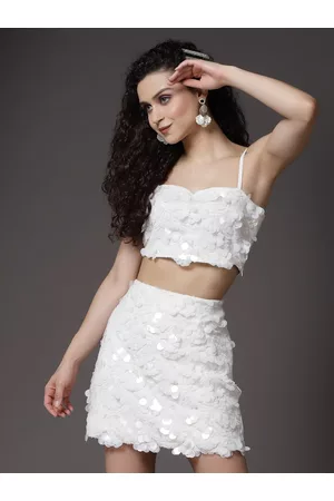 KASSUALLY Women White Embellished Top with Skirt Co-Ords Set