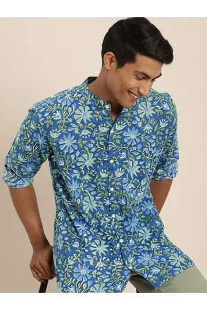 Taavi Men Navy Blue & Green Hand Block Printed Cotton Casual Shirt