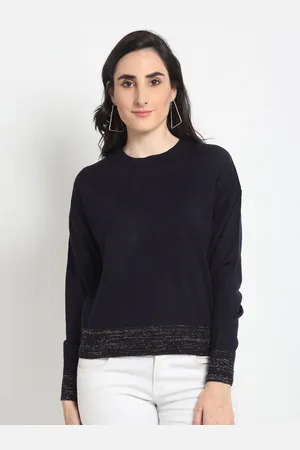 Club York Women Navy Blue Round Neck Long Sleeves Wool Pullover