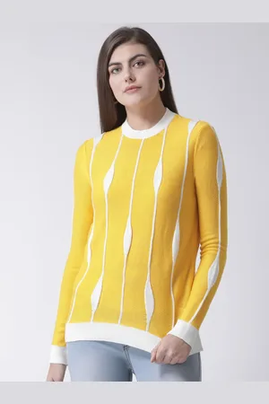 Club York Women Yellow & White Self Design Acrylic Pullover