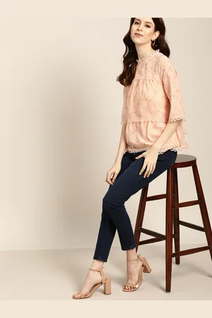 all about you Women Peach-Coloured & Mustard Yellow Floral Printed Detailed Checked Top
