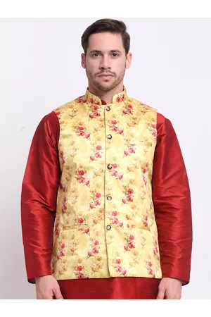 Kraft Men Yellow & Red Floral Printed Satin Nehru Jacket