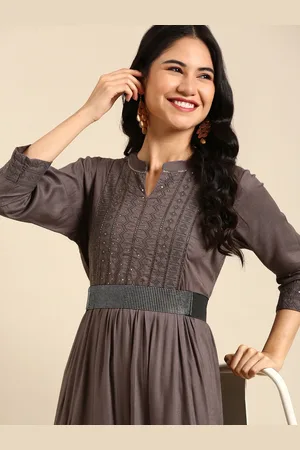 SHOWOFF Women Grey Geometric Embroidered Ethnic Dresses