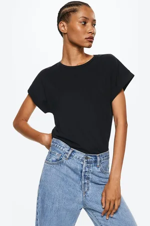 MANGO Women Black Extended Sleeves Pure Cotton T-shirt