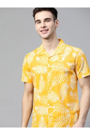HERE&NOW Men Yellow & White Slim Fit Pure Cotton Floral Print Casual Shirt