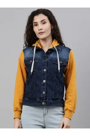 Campus Women Blue & Mustard Yellow Washed Denim Jacket