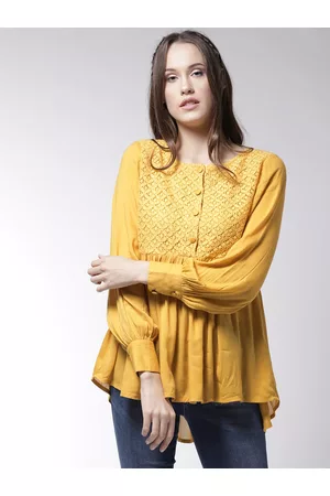 La Zoire Women Mustard Yellow Self-Design Empire Top