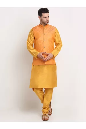 Kraft Men Mustard Yellow Ethnic Motifs Kurta with Churidar and Nehru Jacket