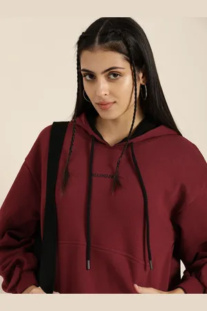 Dillinger Women Maroon Solid Oversized Drop Sleeves Hooded Sweatshirt