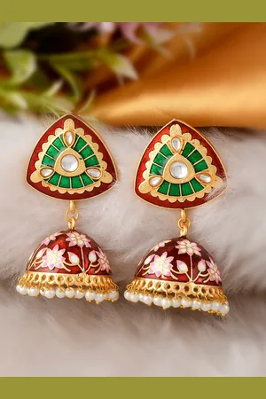 Dastoor Red & Green Gold-Plated Contemporary Jhumkas Earrings