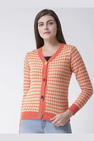 Club York Women Orange & Yellow Checked Long Sleeves Cardigan