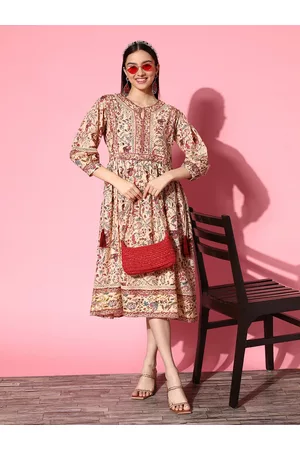 Ishin Beige & Floral Keyhole Neck A-Line Midi Dress