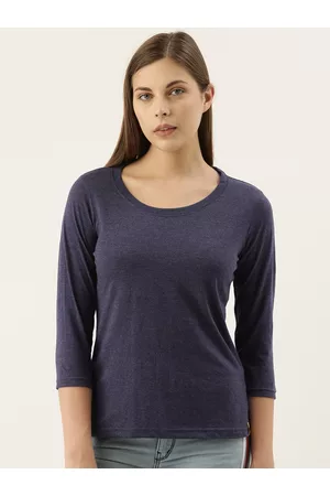 Campus Women Navy Blue Solid Round Neck Cotton T-shirt