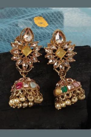 JEWELS GEHNA Gold-Plated & Yellow Stones Studded Dome Shaped Jhumkas Earrings