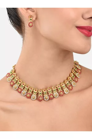 Zaveri Pearls Red Gold Plated Jewellery Set