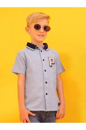 Cherry Crumble Boys Blue Regular Fit Solid Cotton Casual Shirt with Applique Detail