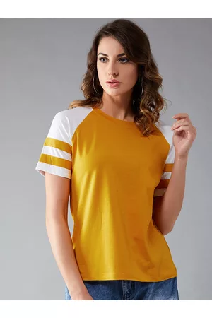 DOLCE CRUDO Women Mustard Solid Round Neck Pure Cotton T-shirt