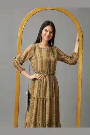 SHOWOFF Olive Green Ethnic Motifs Layered Chiffon Ethnic Maxi Dress