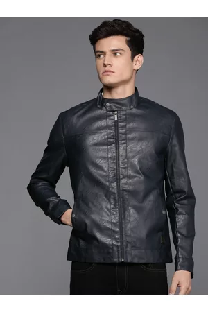 WROGN Men Navy Blue Solid Biker Jacket