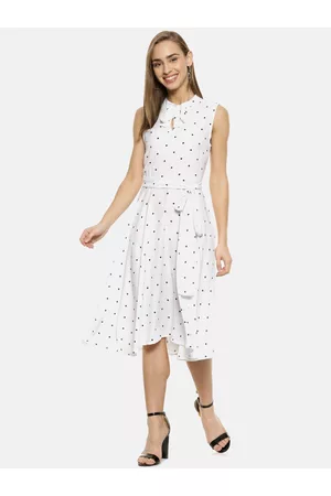 Campus Women White Polka Dots Printed Fit and Flare Dress