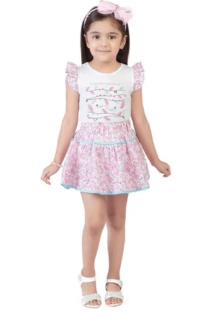 Tiny Girl Girls White & Pink Printed Pure Cotton Top with Skirt