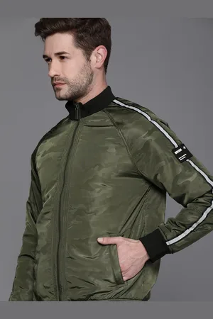 WROGN Men Olive Green Camouflage Printed Mock-Collar Slim Fit Casual Bomber Jacket