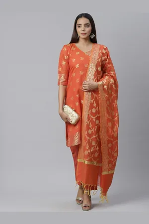 Chhabra 555 Women Orange Woven Design Kurta with Trousers & Dupatta