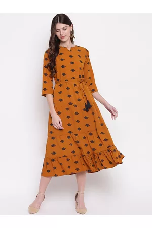 Mayra Women Mustard Brown Printed A-Line Dress