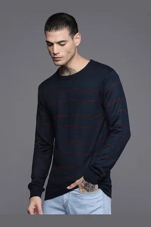 WROGN Men Navy Blue Striped Pullover