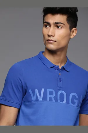 WROGN Men Blue Brand Logo Printed Polo Collar Slim Fit Pure Cotton T-shirt