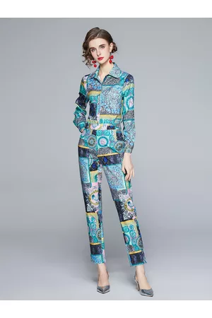 JC Collection Women Blue & Green Printed Shirt with Trouser Co-Ords Set