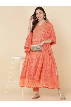 HERE&NOW Women Orange Embroidered Pure Cotton Kurta with Trousers & With Dupatta