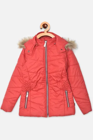 Crimsoune Club Girls Red Solid Hooded Parka Jacket