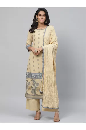 Biba Women Beige & Blue Ethnic Woven Design Kurta with Palazzos & Dupatta