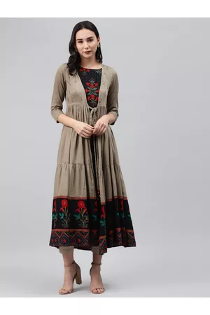 Nehamta Women Taupe & Red Checked Pleated A-Line Kurta with Tiered Ethnic Jacket