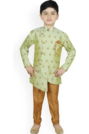 SG Boys Green & Gold-Colored Printed Silk Brocade Sherwani Set