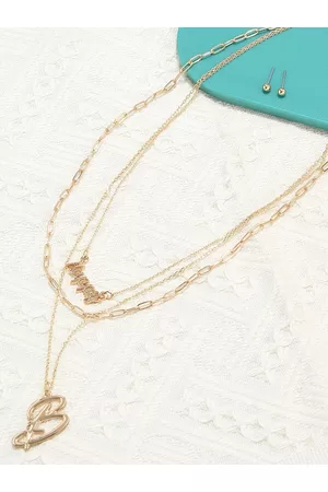 Ami Gold-Plated 3 layers Embellished Contemporary Necklace & Stud Set
