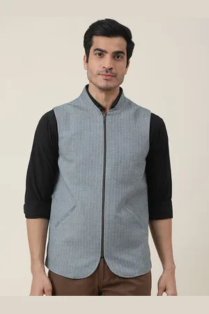 Fabindia Men Grey Self Design Mandarin Collar Cotton Tailored Jacket