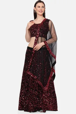 RedRound Maroon & Black Embellished Semi-Stitched Lehenga & Unstitched Blouse with Dupatta