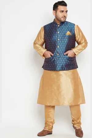 Vastramay Men Gold & Blue Regular Kurta with Pyjamas & Nehru jacket